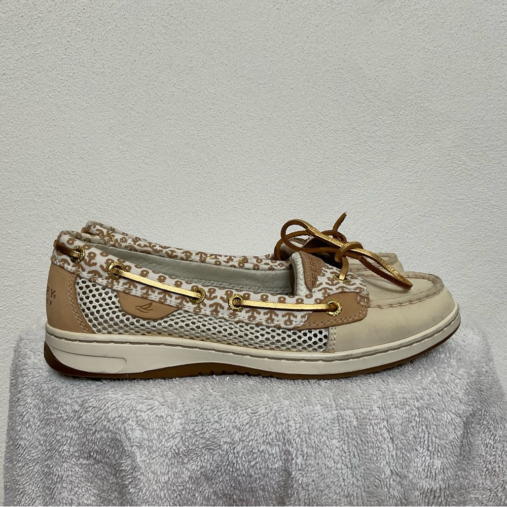 Sperry Top-Sider Angelfish Ivory/Anchors Leather Boat Shoe Size 6M Spring Preppy